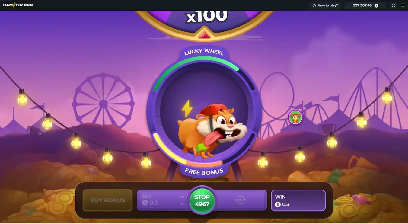Hamster sur piste violette entourée de lumières et d’un parc d’attractions