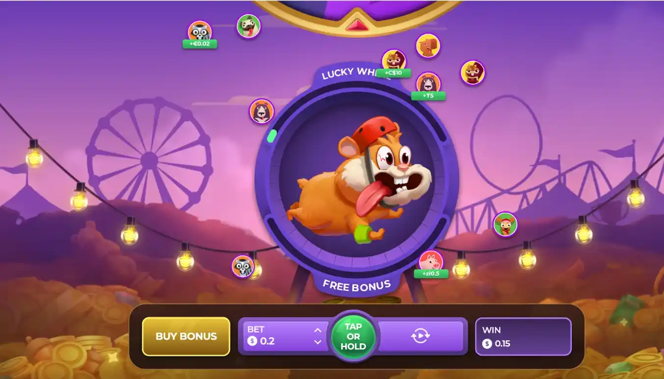 Hamster courant dans un décor de parc d'attractions avec des avatars de joueurs