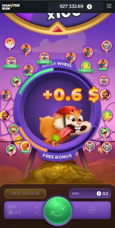 Hamster courant sur une roue avec gains affichés et avatars joueurs