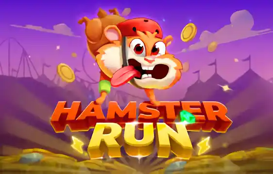 Hamster cartoon bondissant sur un logo doré avec des pièces autour
